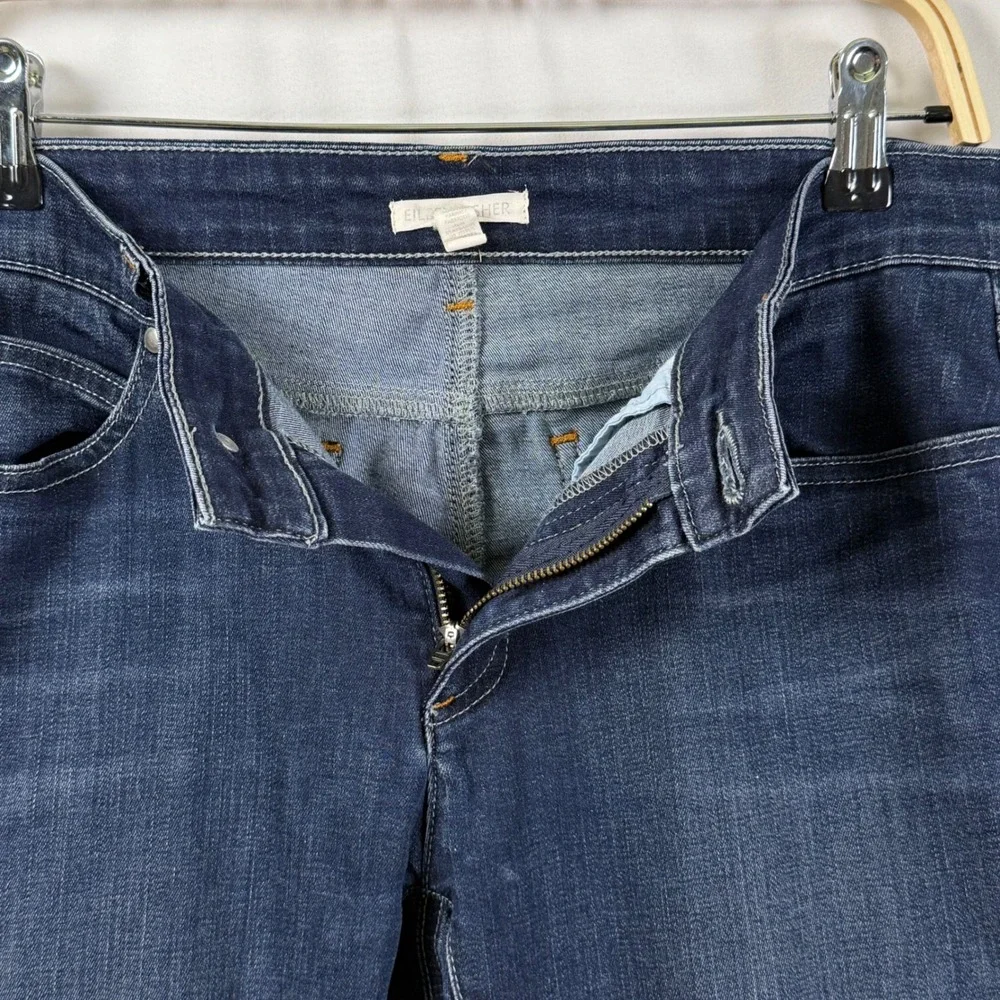 Eileen Fisher Dark Wash Jeans Raw Hem Indigo Blue Stretch 5 Pocket Zip Womens 6